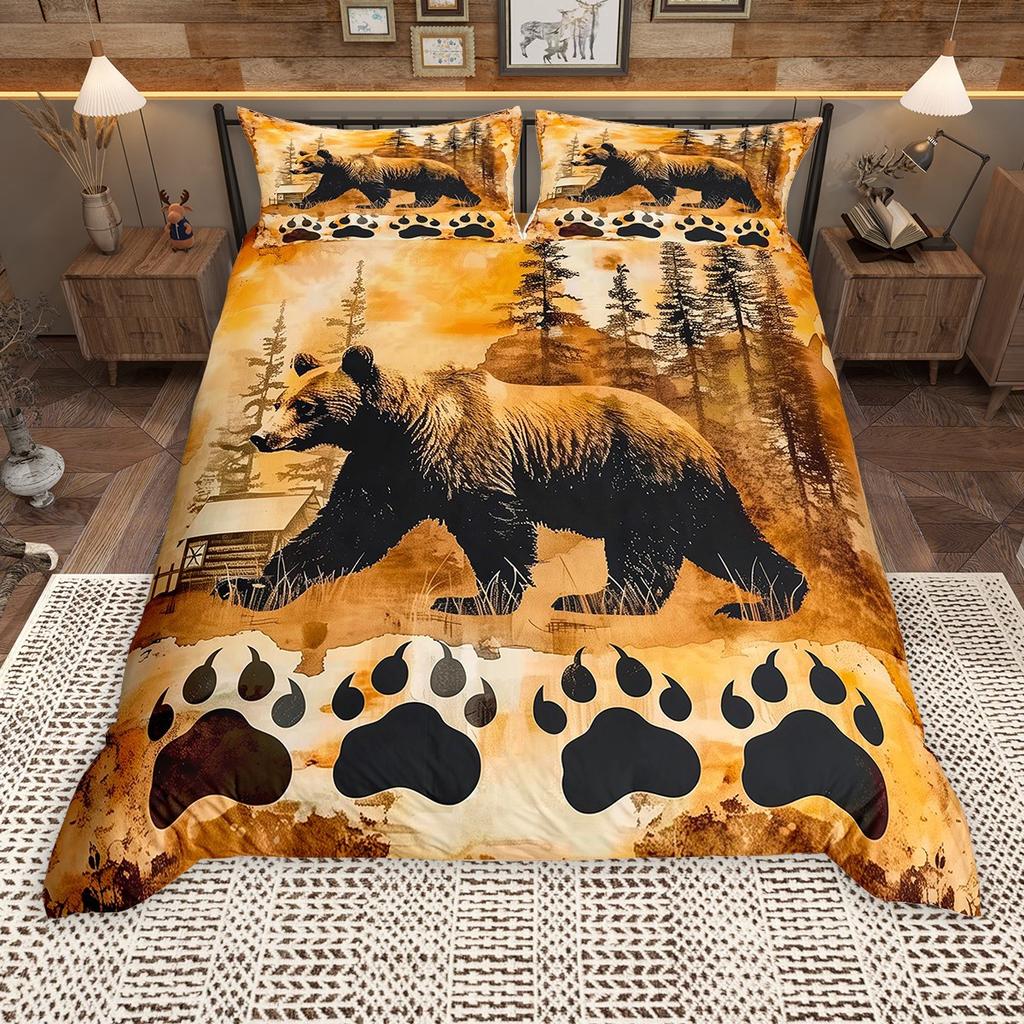 Homewish Rustikales Bauernhaus Lodge Hütte Bettbezug Set, Wildbär Hirsch Bettbezug Set, Waldtier Bettwäsche Set
