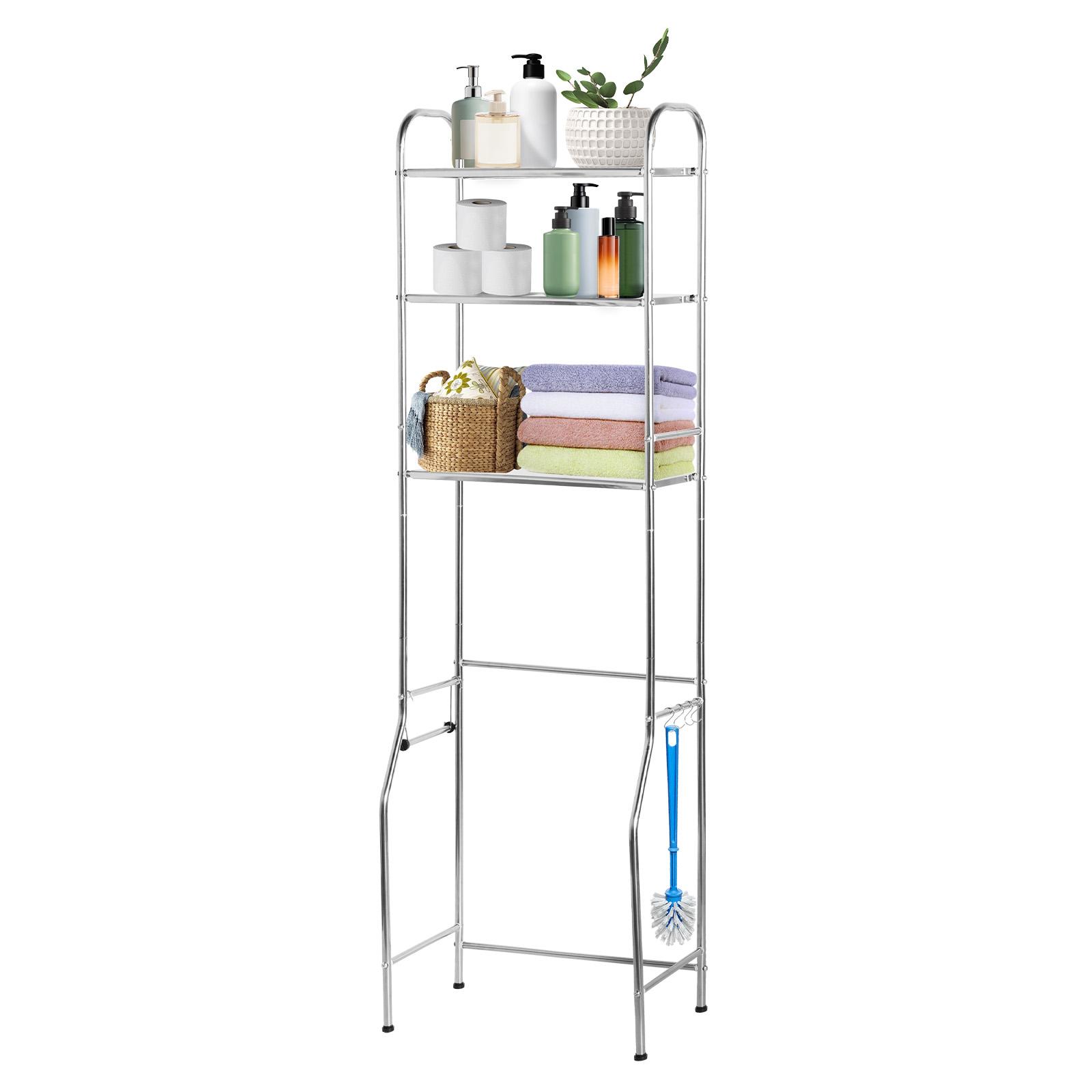 3 Tier Over The Toilet Storage Rack with Hooks and Roll Holder Bathroom Floor-standing Toilet Storage Rack Stainless Steel Shelf