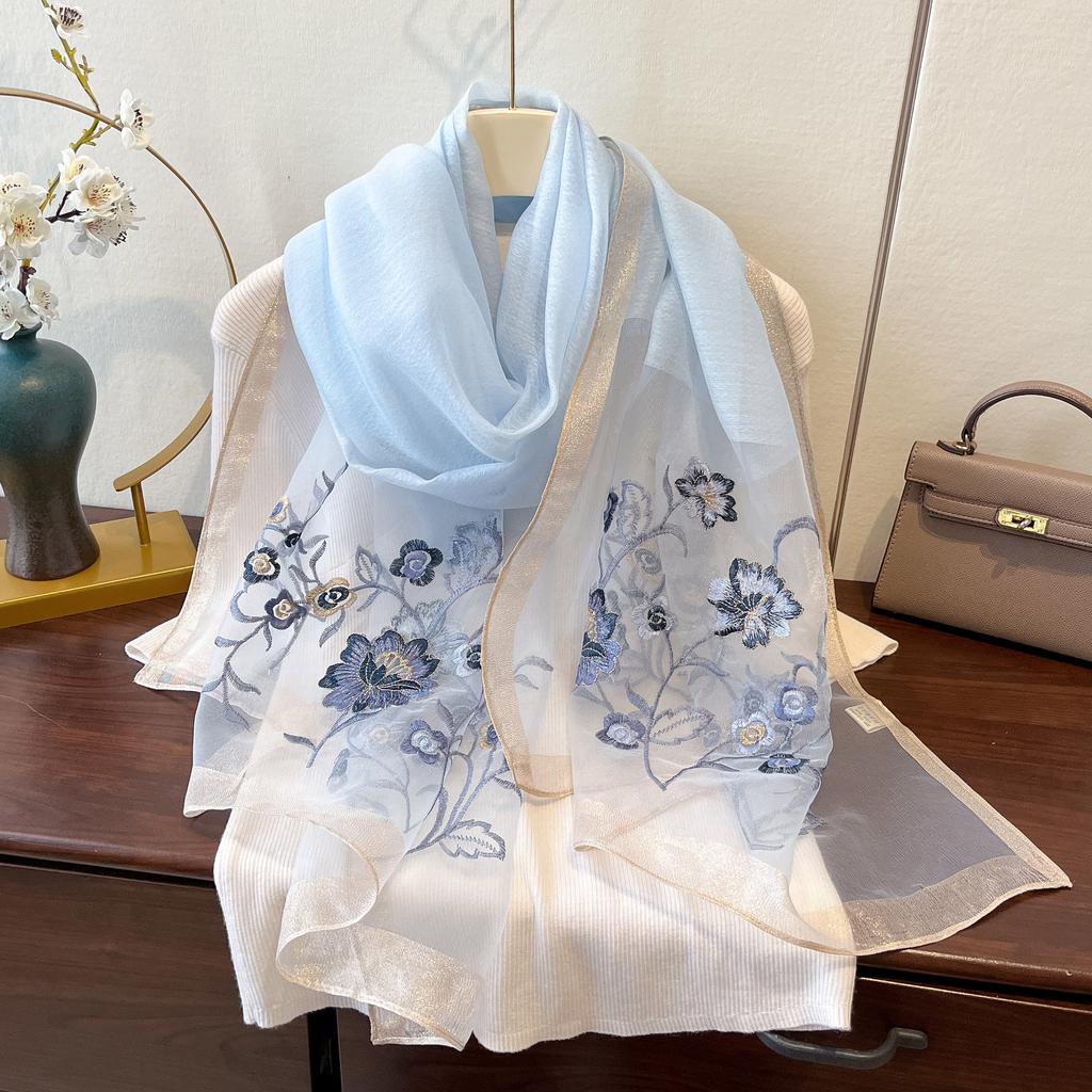 Imitation Silk Embroidered Long Silk Scarf for Women's Fashionable and Fashionable Mulberry Silk Sunscreen Scarf