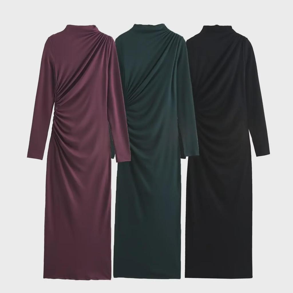 European & American Style Pleated Long Sleeve Slim Dress with Stand-Up Collar for Autumn & Winter - Women's Collection.