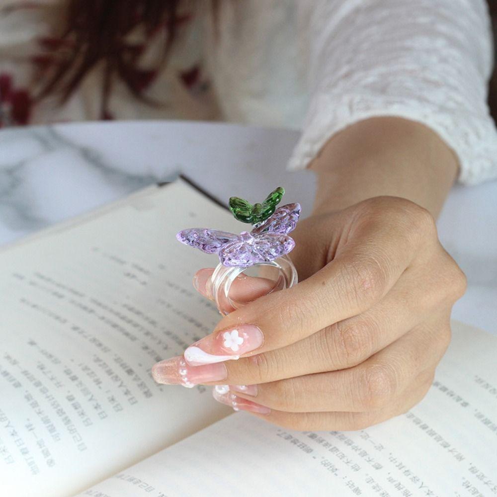 Handmade Colorful Flower Ring Exquisite Chinese Dragon Ring Glaze Butterfly Ring  Finger Ornaments