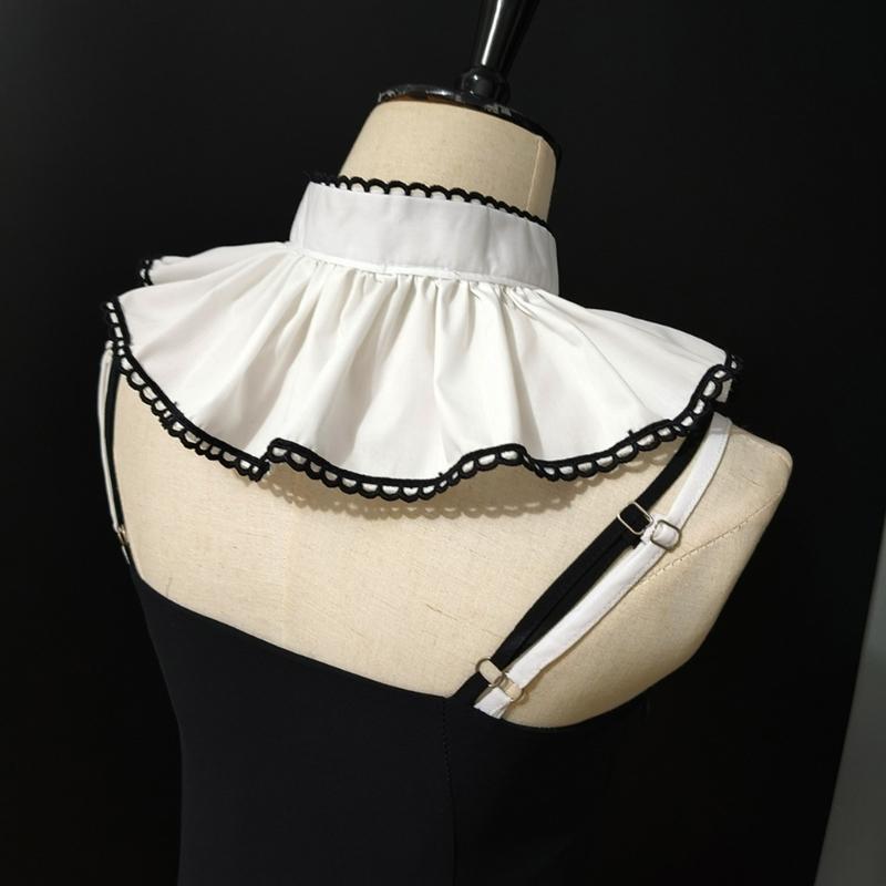 Women's Black Trimmed Chiffon Pleated Detachable Fake Collar Wrist Cuffs False Sleeves for Formal Event Decorative Piece