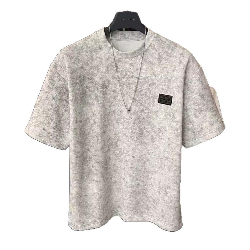 Light Luxury American Heavy Retro T-Shirt Feeling Washed Water Old Short-Sleeved Top Contrasting Color Splicing Men'S Half-Sleeved Casual Versatile
