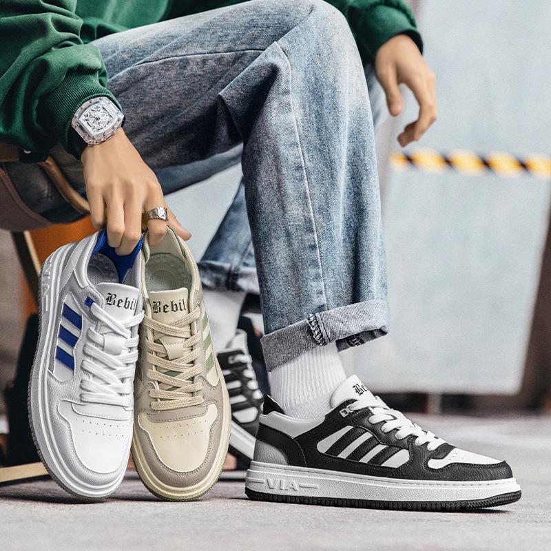 Primavara si vara Pantofi sport in stil Hong Kong pentru barbati cu platforma din piele Pantofi albi casual