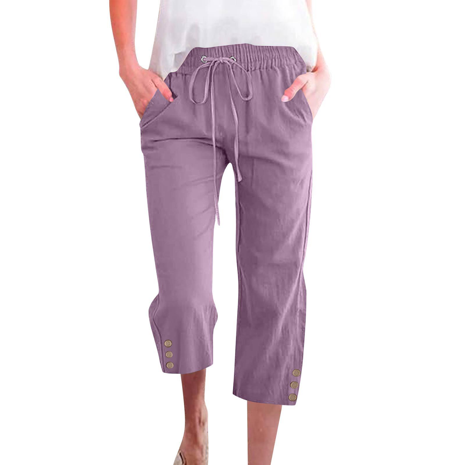 

Spring Solid Color Cotton Linen Drawstring Cropped Pants Triple Extra Large