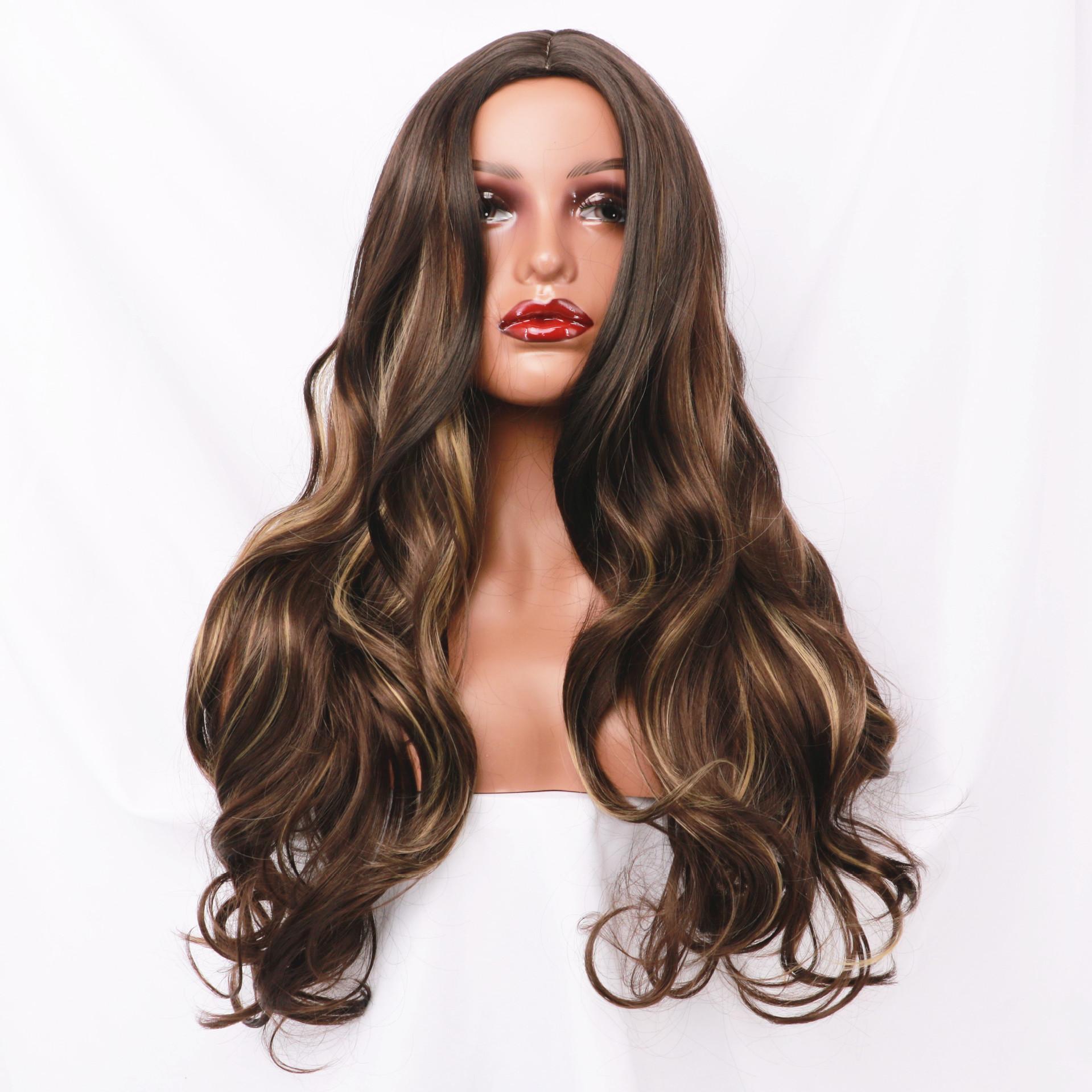 

Европейский и американский женский модный парик с пробором посередине, коричневый, для ежедневного использования, натуральный, длинный, волнистый, из синтетического волокна коричневый