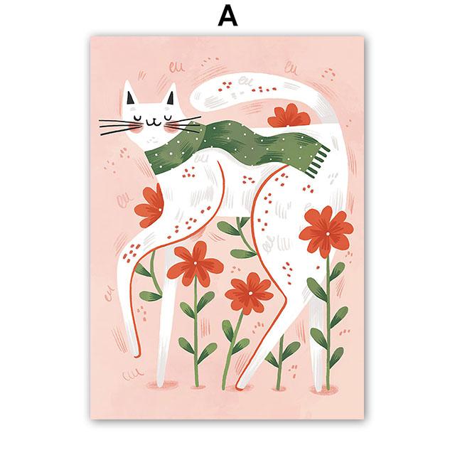 Colorful Cat Rabbit Lemon Apple Flower Leaf Wall Art Canvas Painting Abstract Cartoon Posters Prints Pictures Kids Room Decor