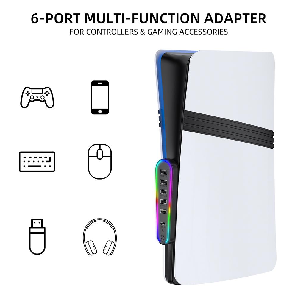 6 in1 USB Hub High-Speed Extra USB Port Extender with RGB Light Charger Adapter Converter for PlayStation 5 Pro/Slim Accessories