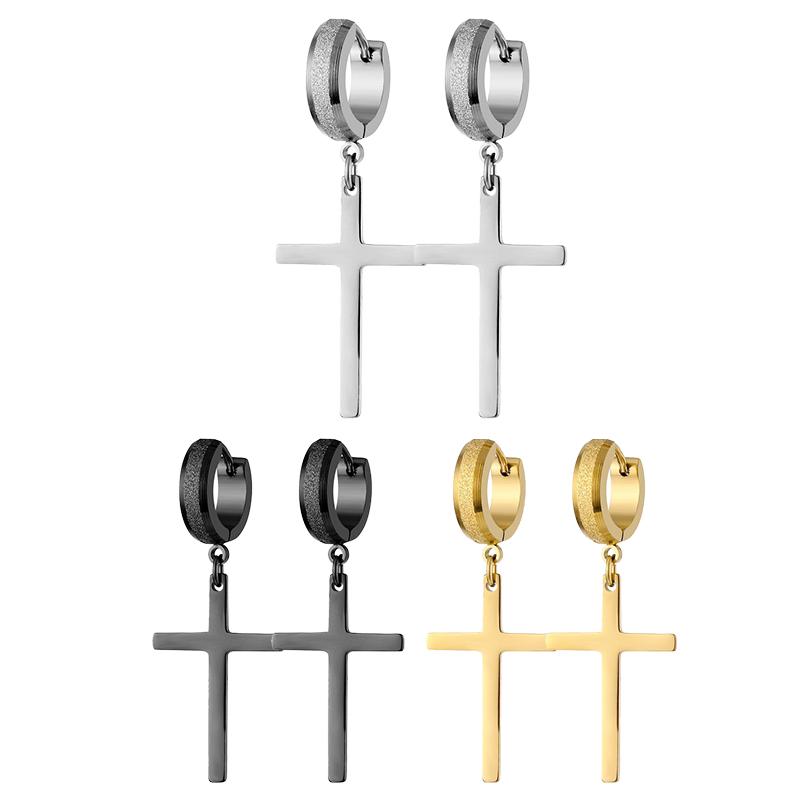 Boucles d'oreilles créoles punk en acier inoxydable givré design femmes hommes percées croix oreille zircon accessoires fête boucles d'oreilles pendantes