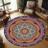 Bohemian Ethnic Style Round Rug Vibrant Geometric Floral Pattern Carpet Soft Non-Slip Circle Mat for Living Room Bedroom