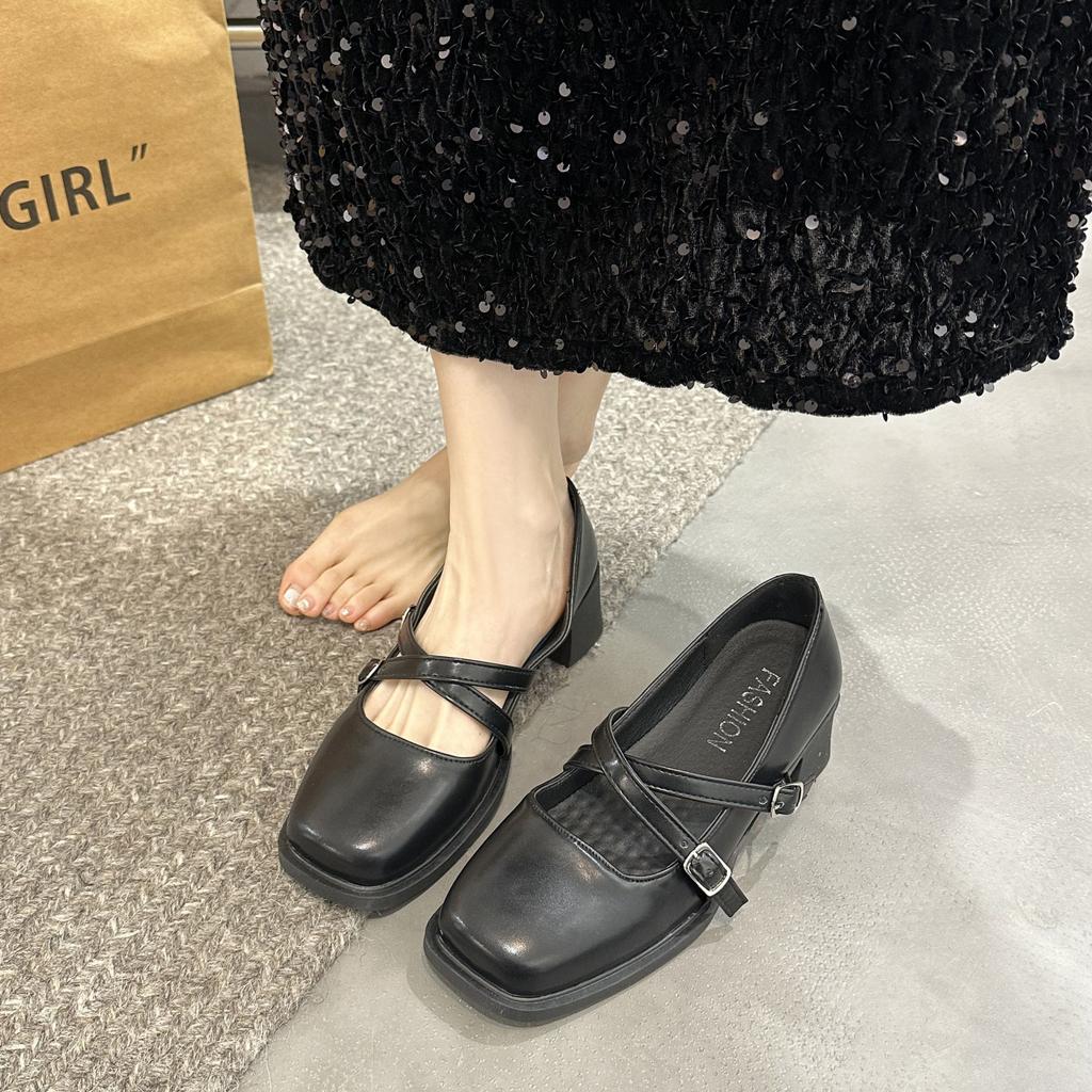 2024 New  Spring Women Shoes  Leather Mary Jane Shoes Square Toe Chunky Heel Women Shoes Retro Buckle Mid-heel Pumps