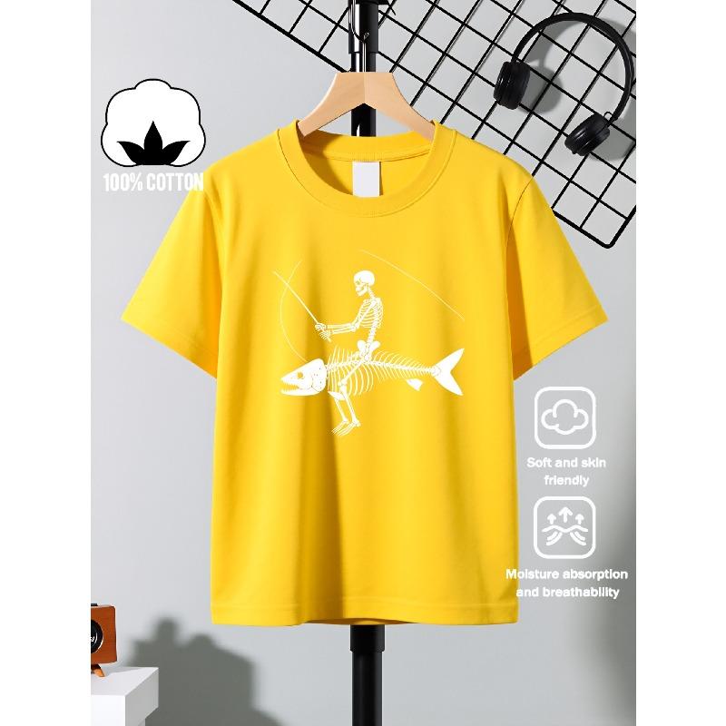 European sizes Boys Casual Short Sleeve T-Shirt with Skeleton Fishing Design Graphic Print-- Fun Summer Design, Regular Fit for Casual Attire