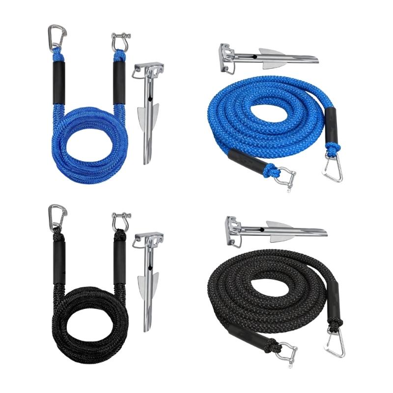 Shore-Side Mooring Rope for Small Boat Stops, Elastic Dock Line Set with Beach Stake and Quick Clip Connection