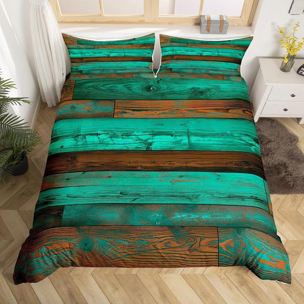 Geometric Bedding Set,Patchwork Plaid Duvet Cover Twin King for Teens Adults,Retro Vintage Comforter Cover,Wooden Plank Bed Set