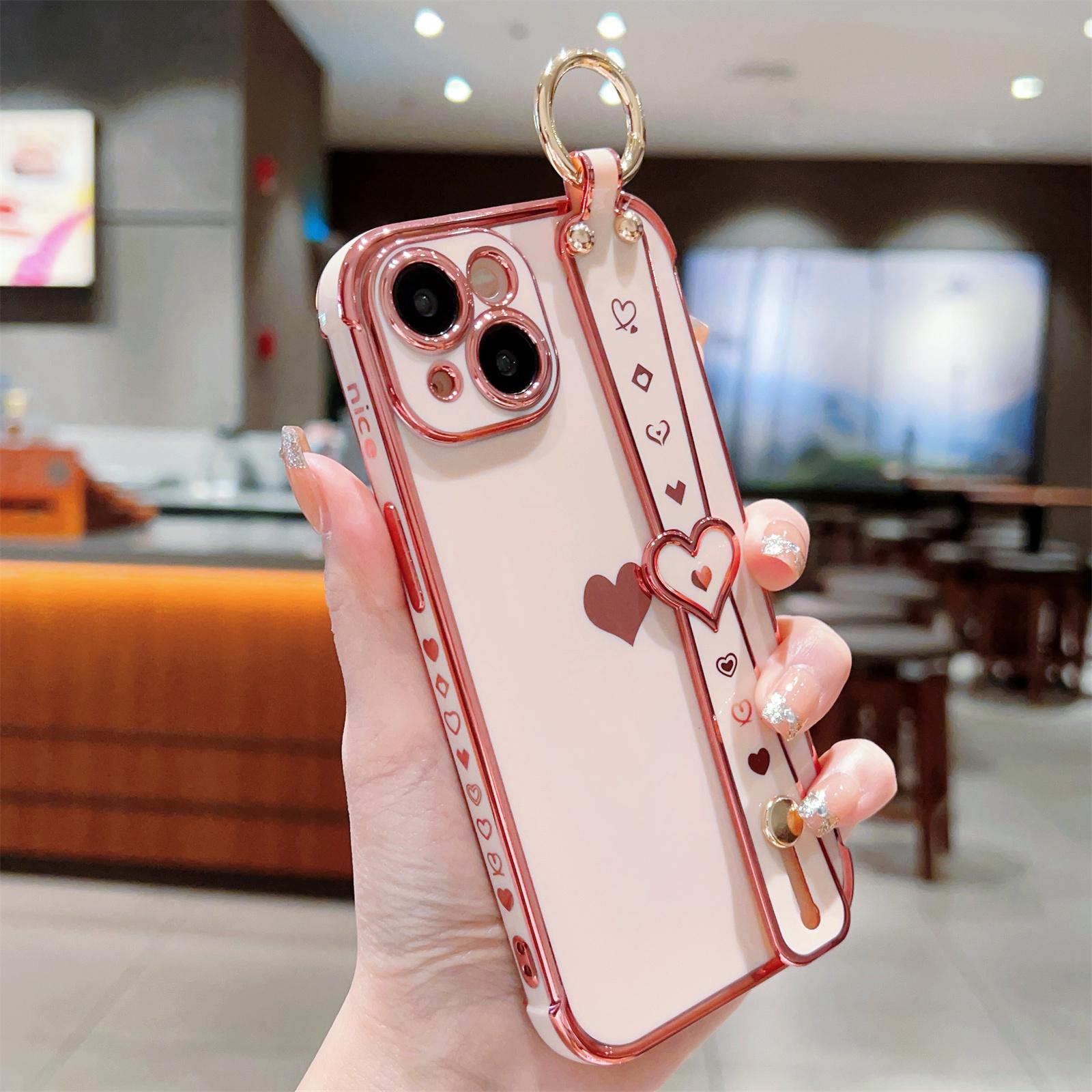 

For iPhone 13 Case Love Heart Pattern TPU Phone Cover Wristband Finger Holder Pink