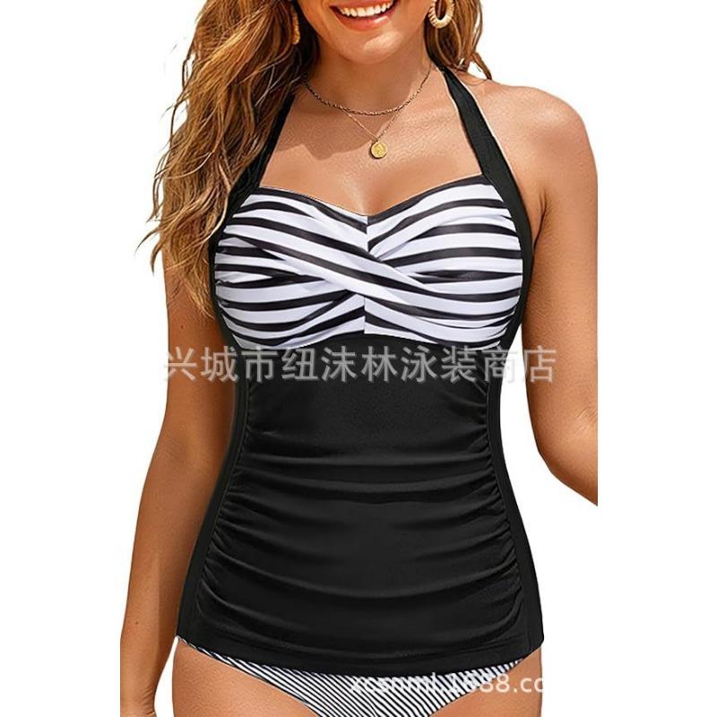

Women s Black & White Stripe Halter Twist Tankini & Bottom Two-Piece Swimsuit S