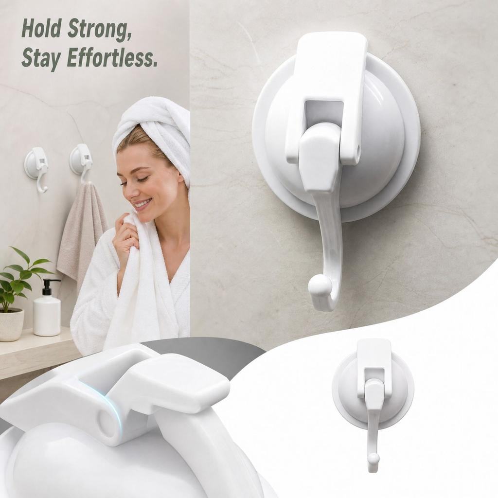 Strong Suction Cup Hooks for Bathroom Shower Kitchen, No Drill Vacuum Wall Hooks, Removable and No