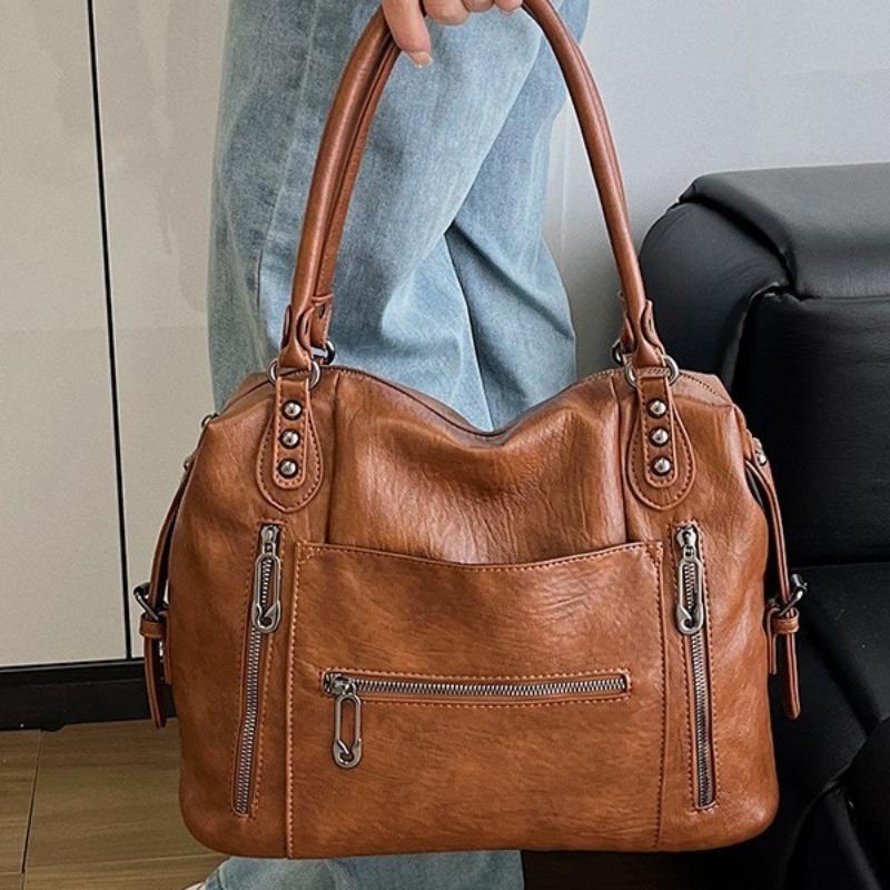 New Retro Style Multi-bag Handbag Large Capacity Soft Washed Leather Messenger Bag Solid Color Tote Bag