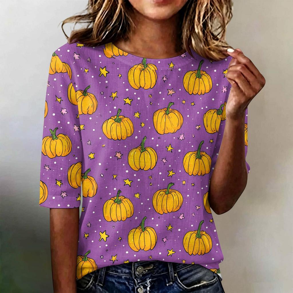 Women Loose Fit Casual Half Sleeve Top Round Neck Lightweight Pullover Blouse with Halloween Ghost Tree Print for Everyday Wear