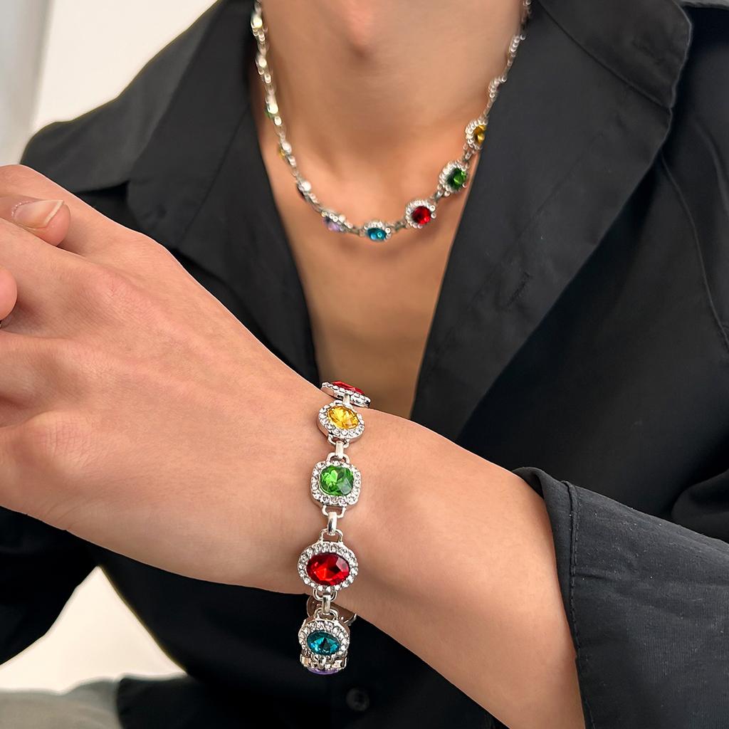 Salircon Colorful Rhinestone Chain Choker Necklace Men  Luxury Trendy Simple Clavicle Chain Necklace Bracelet Party Jewelry