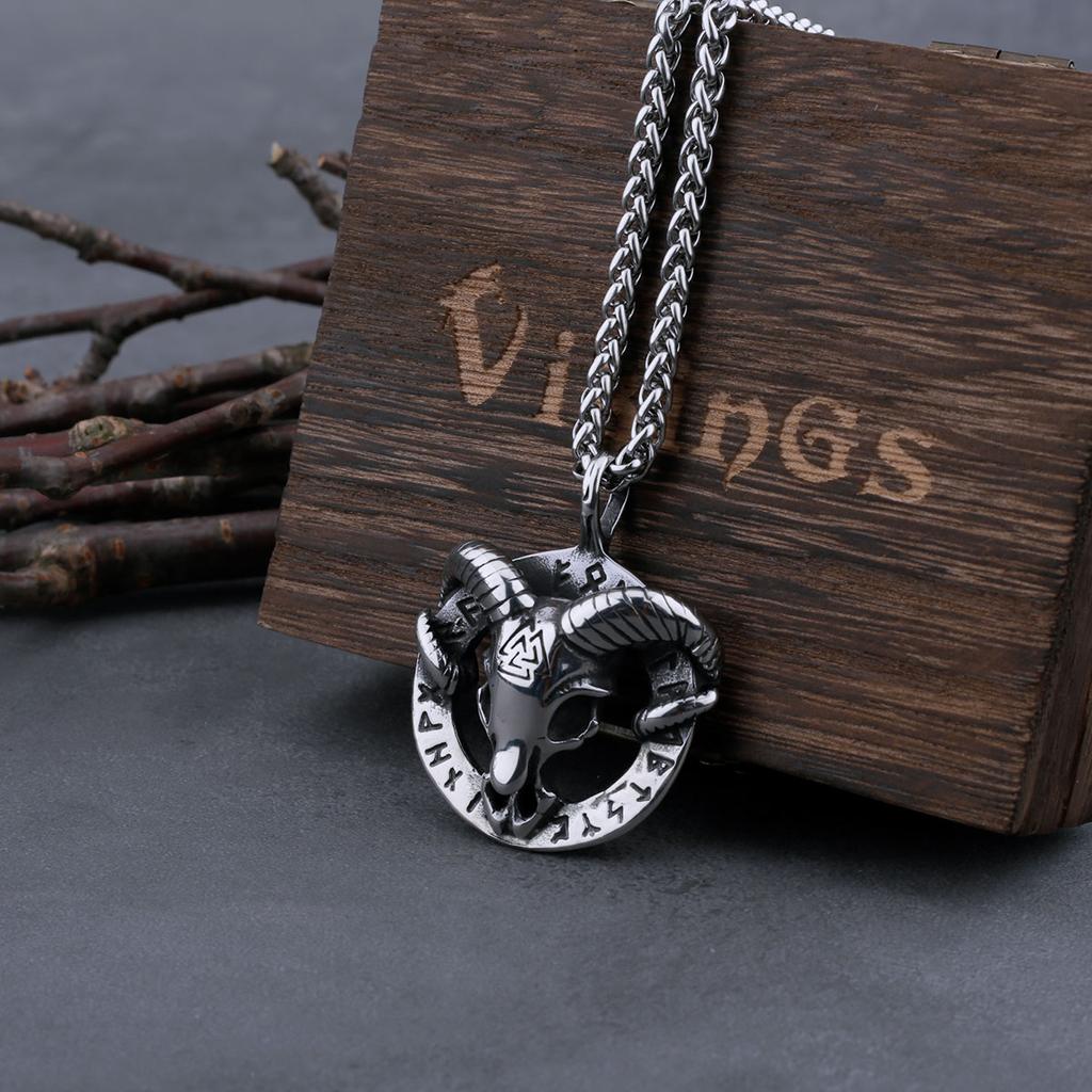 Stainless Steel Viking Rune Imitation Goat Head Necklace Men's Amulet Pendant Biker Gothic Party Club Jewelry Gift for Boyfriend