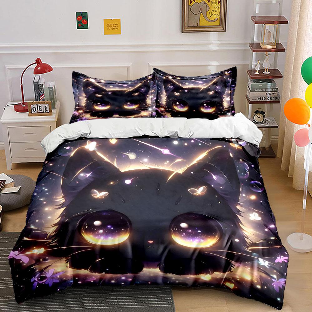 Adorable Fantasy Cat Night Decor Exquisite Three-Piece Bedding Set Gift For Kids And Adults
