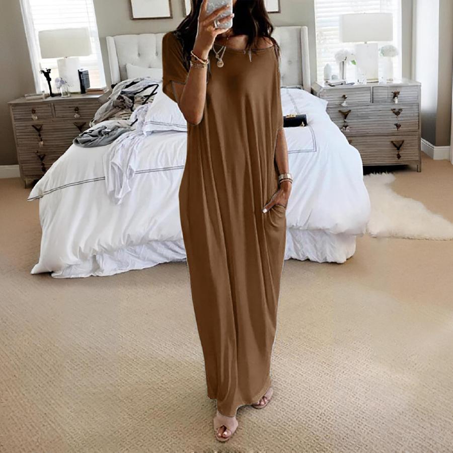Sommer Neues Damen Einfarbiges Kurzarm Langes Lässiges Kleid