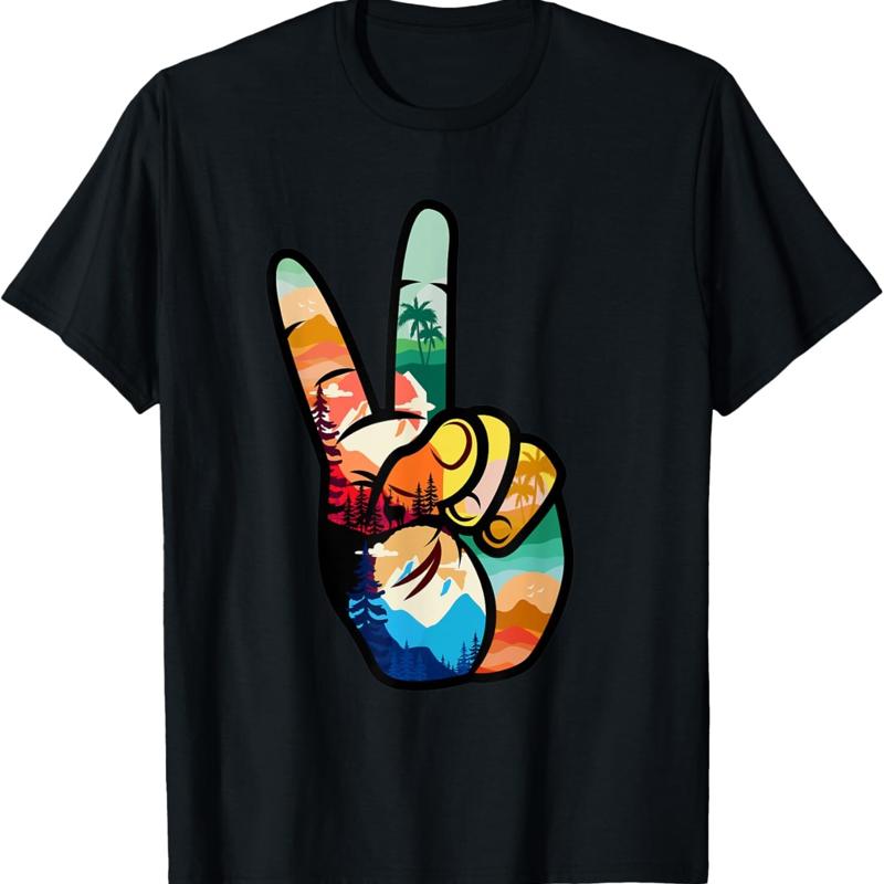 World Hand Peace Sign Nature 60s 70s Love Kindness Hippie T Shirt