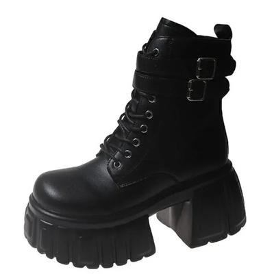 Fashion Spring Black Leather Ankle Boots Women Autumn High Platform Shoes Woman Heels Chunky Motorcycle Boots Booties Mujer