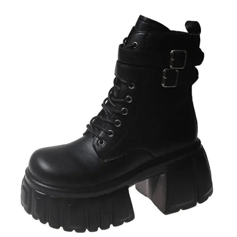 

Модные весенние черные кожаные ботильоны женские осенние туфли на высокой платформе женские каблуки массивные мотоботы ботильоны Mujer 34 чёрный