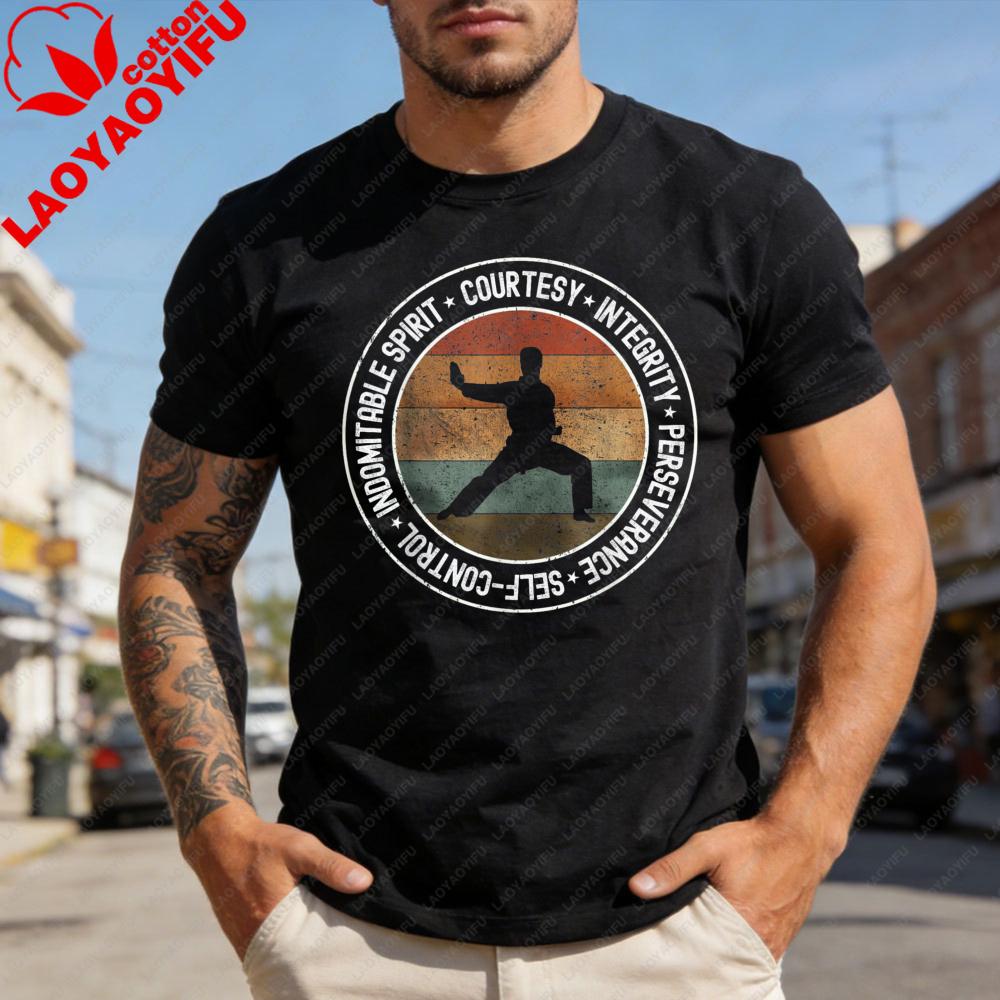

Martial Arts Men TShirt Cotton Casual Short Sleeve Top with Karate Silhouette and Values Design for Training Gift Sportwear S