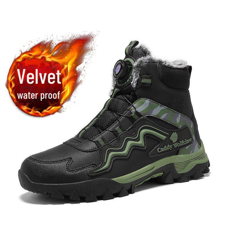 Cizme noi de iarnă pentru bărbați, din bumbac cu vârf înalt și catifea, cu buton rotativ, pantofi de drumeție de exterior anti-alunecare pentru adolescenți.