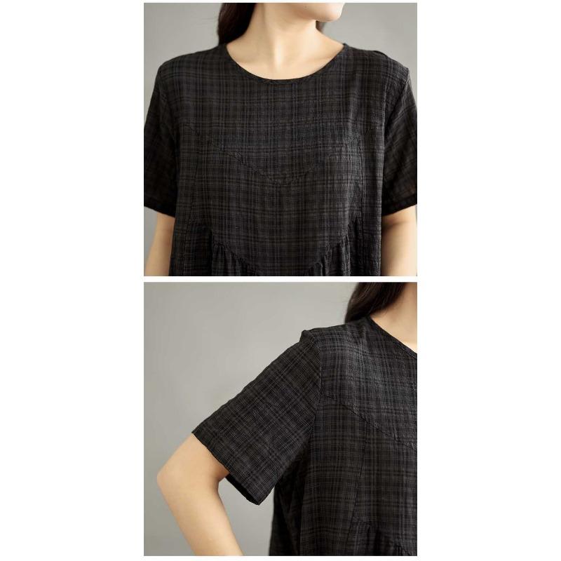Summer cotton and linen round neck short sleeved dress for women