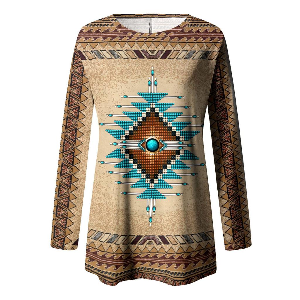 Damen Mode Lässig Langarm Boho Retro Langarm Print Top
