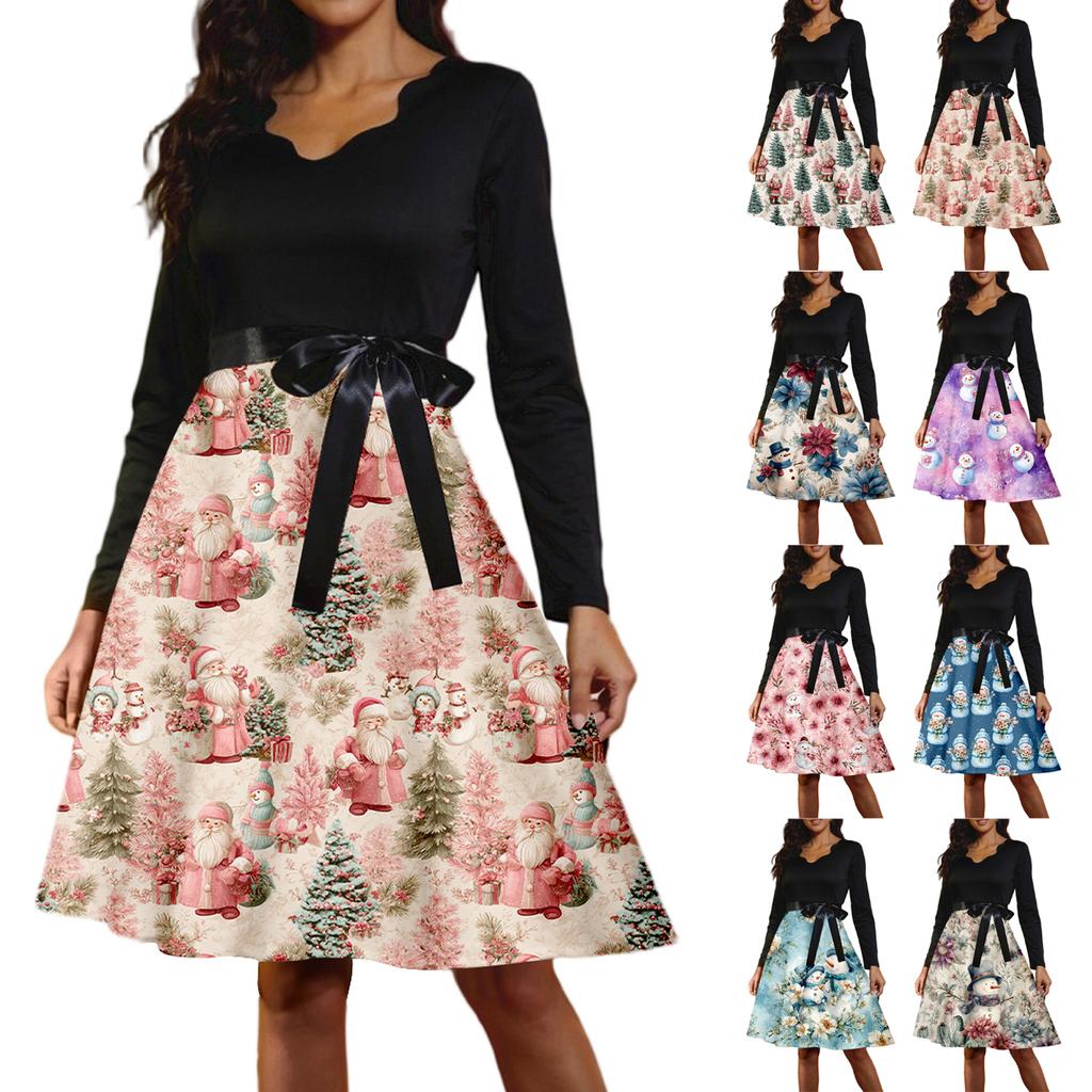Women's Casual Fashion Long Sleeve Christmas Graphic Printed Vintage Long Dresses