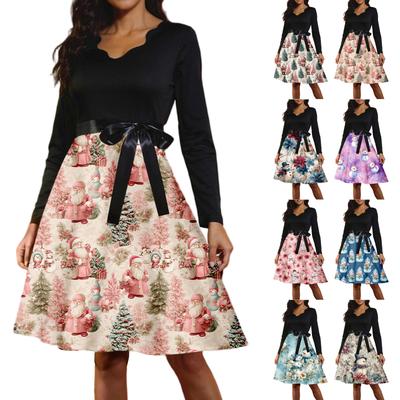 Women's Casual Fashion Long Sleeve Christmas Graphic Printed Vintage Long Dresses