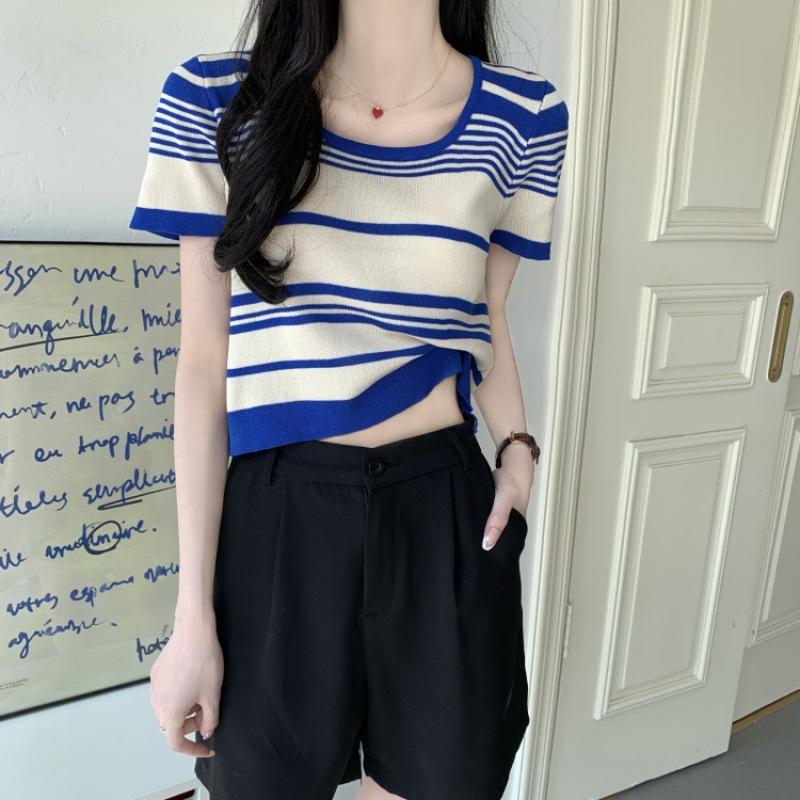 Fashion Knit Large Round Neck Striped Summer Design Sense Short Short-sleeved Tops Casual Summer Essential Comfort and Style Slim Fit Pullovers Tees