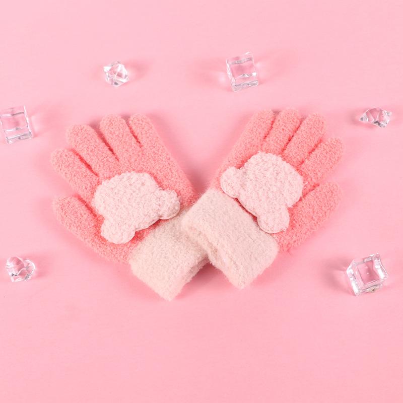 Children's gloves full finger cute bear velvet thickened warm skin-friendly hand care children outdoor play knitting autumn and winter