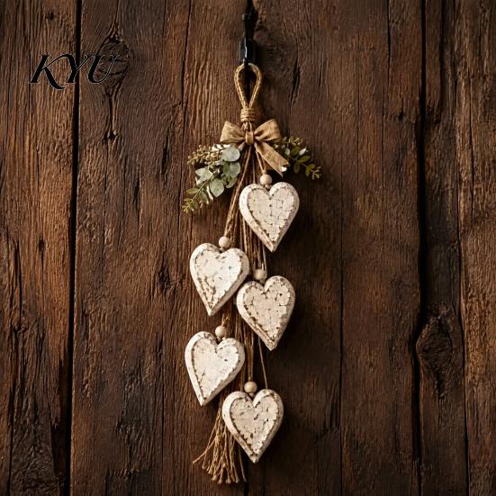 Boho Wooden Wall Decor Farmhouse Hanging Heart with 5 Layer Hearts, Vintage Wood Style Sign Trinket Shelf Art for Living Room Bedroom, Decoration And