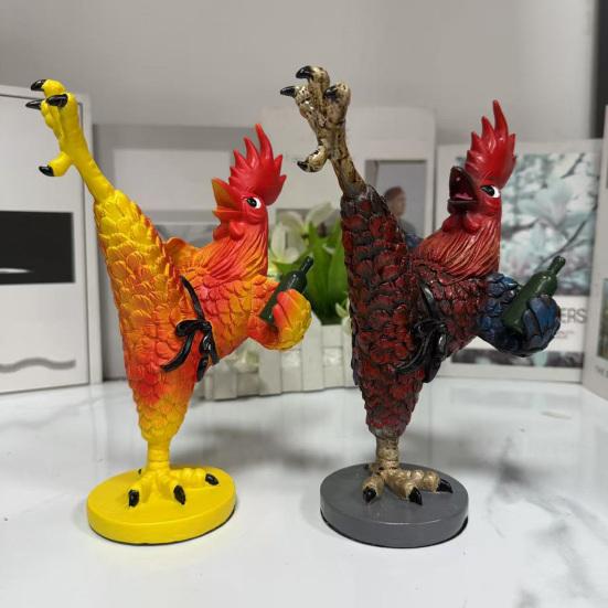 Kung Fu Rooster Statue Resin Drunk Chicken Figurine Table Art Rooster Sculpture for Home Office Desk Shelf Indoor Outdoor Decor Housewarming Gift