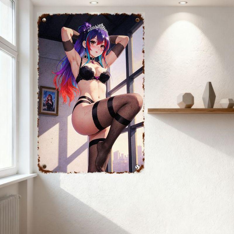 Anime Girl with Purple To Red Hair Blue Streak Black Lace Bra & Stockings Metal Tin Sign - Sunlit Room Cityscape Home Decor for
