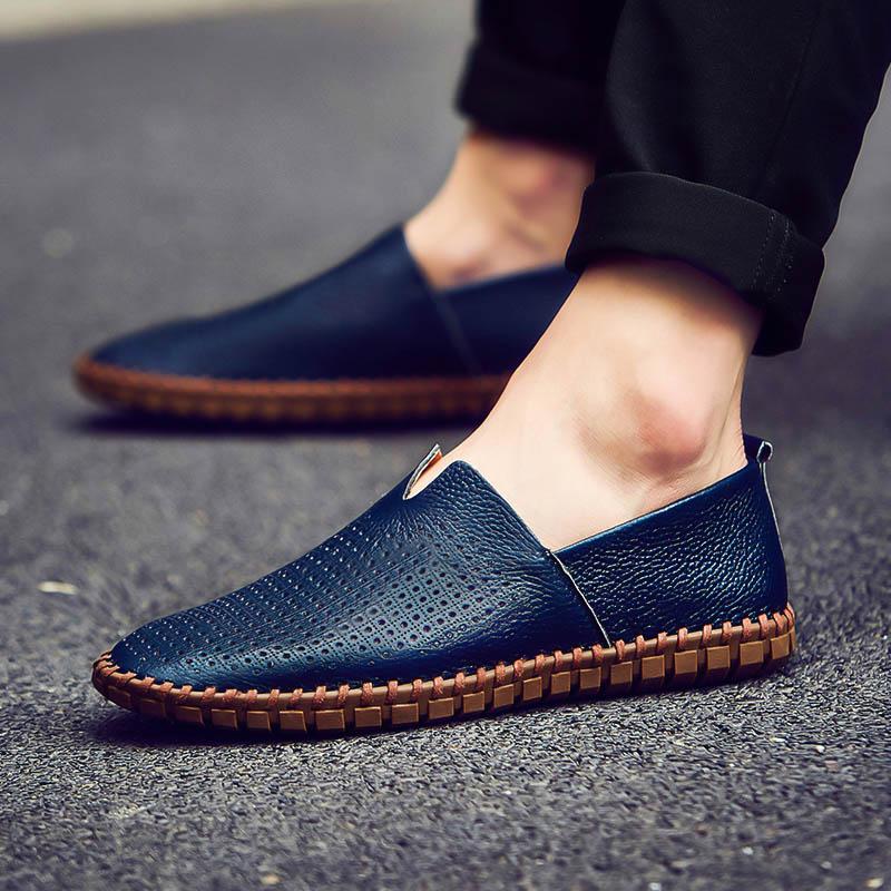 Genuine Cow Leather Mens Loafers Fashion Handmade Moccasins Soft Leather Blue Slip On Men's Boat Shoe PLUS SIZE 38~47