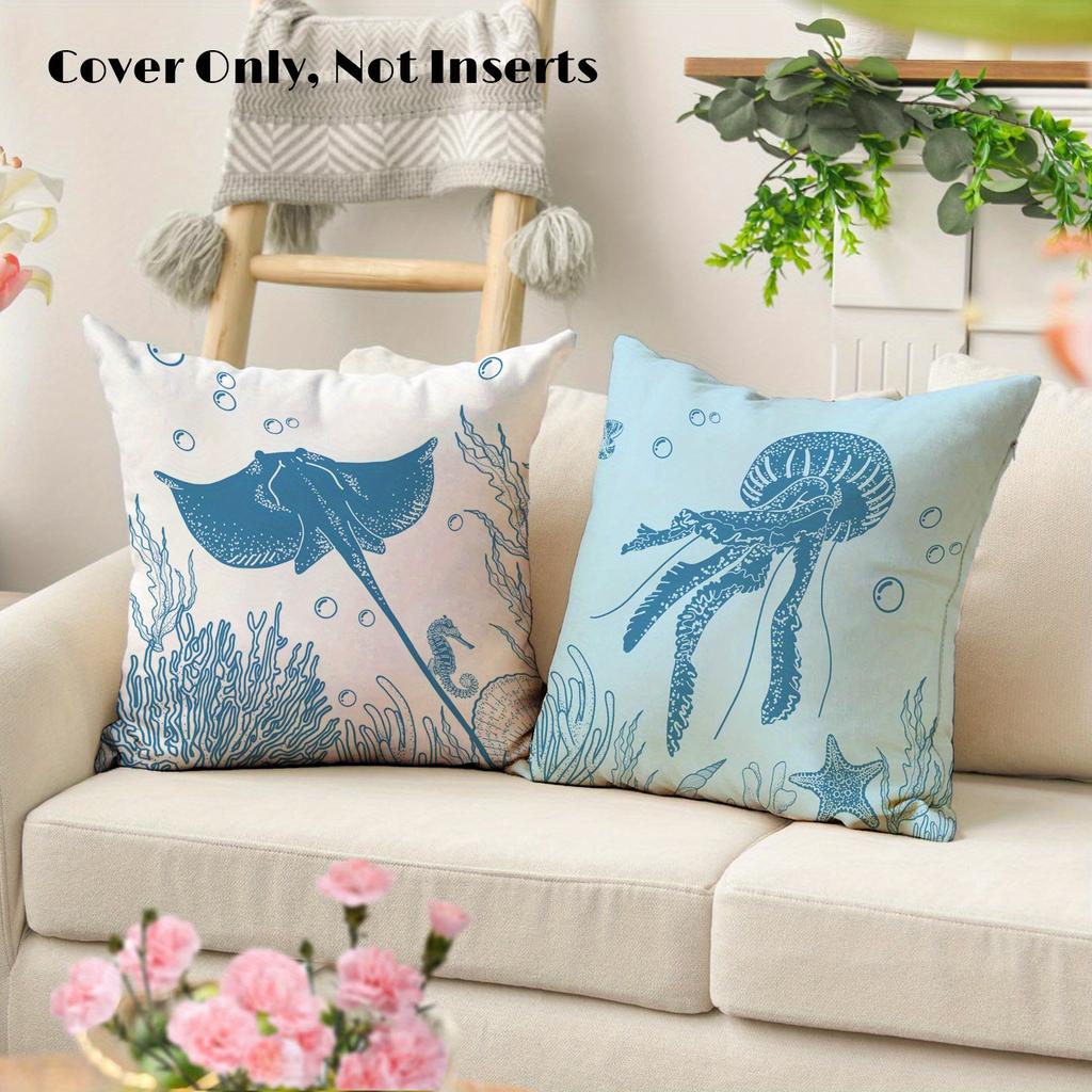 Summer Ocean Series Throw Pillow Covers: Marine Life Shell Seahorse Turtle Print Throw Pillow Covers Set Of 4 - Zipper Closure,