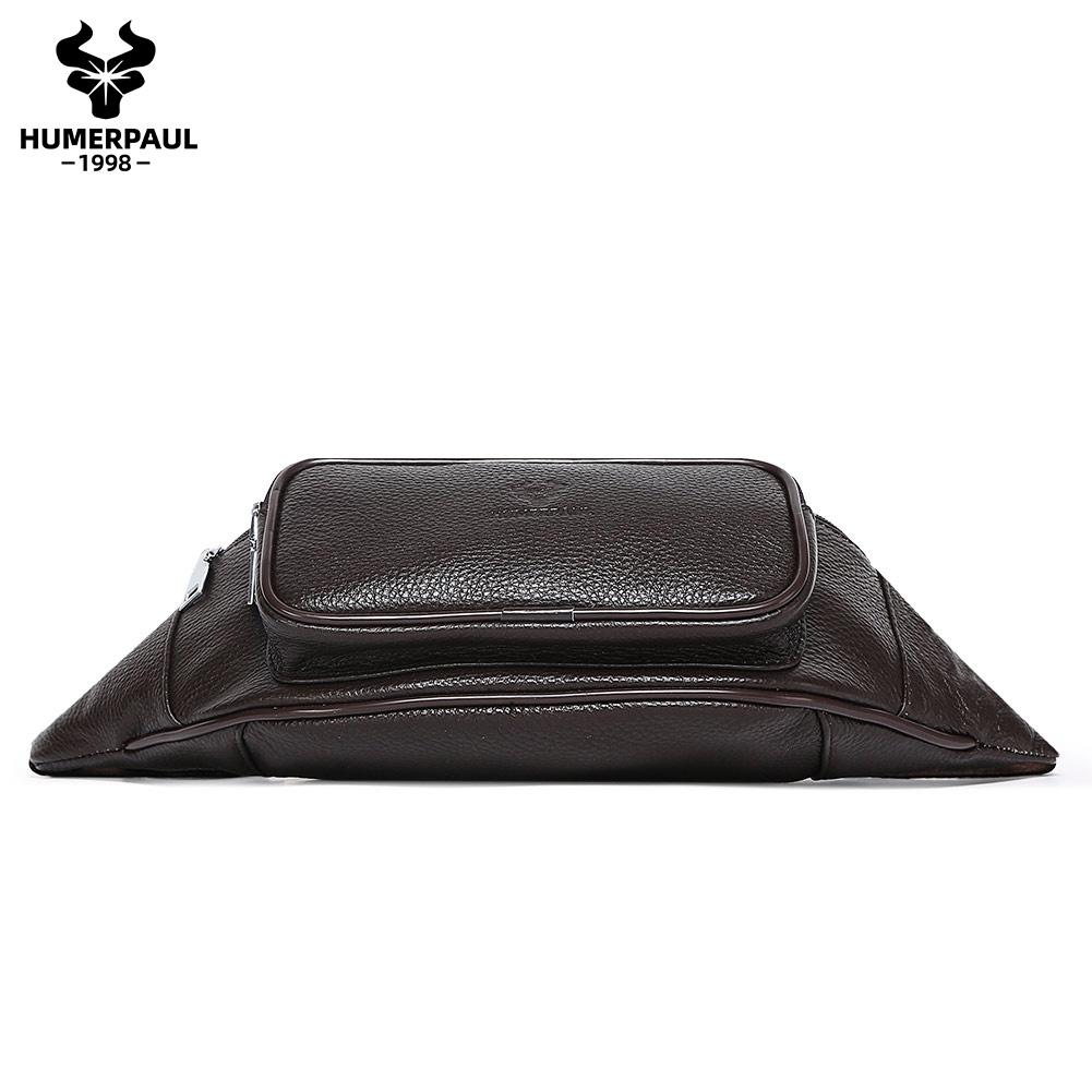 HUMERPAUL Men leather waist bag multifunctional cowhide leisure sports mobile phone waist bag multi-compartment chest bag large-capacity shoulder bag