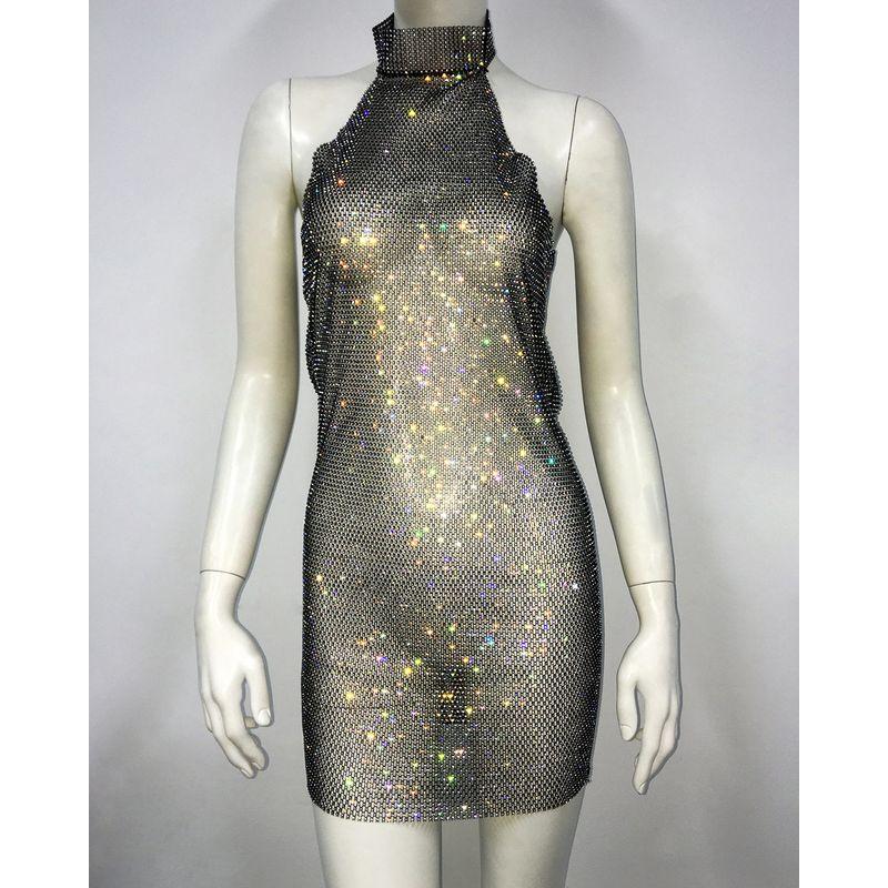 

European and American Autumn and Winter New Fancy Sexy Dress Women s Turtleneck Sleeveless Rhinestone Fishnet Cinched Bodycon Bodycon Dress Black One size