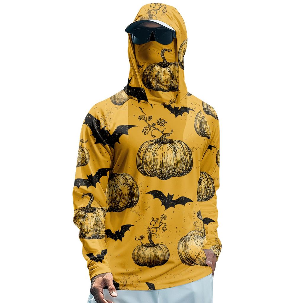 Funktions-Angel-Raglan-Hoodie für Herren mit Halloween-Print - UV-Schutz 50+ Langarm-Sonnenschutzshirt mit Mesh-Visier