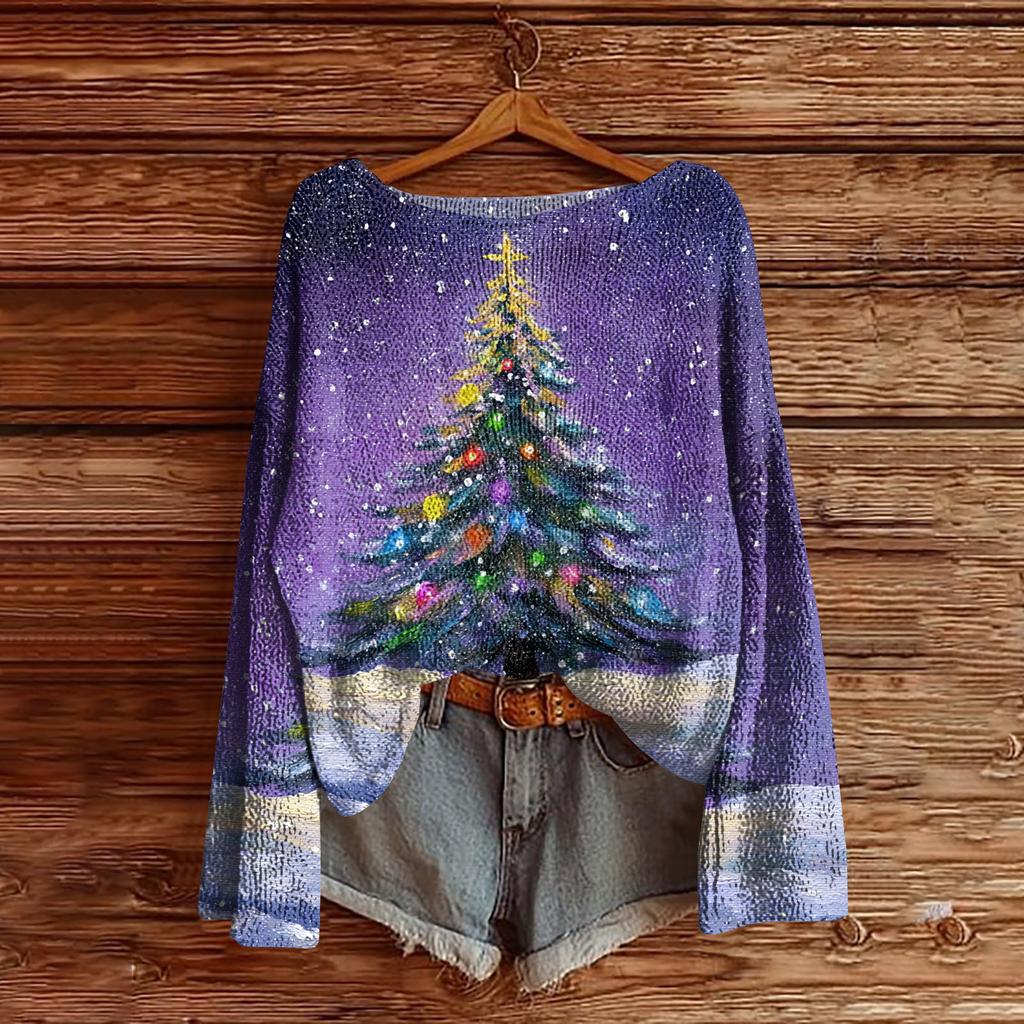 Women's Christmas Print Lightweight Sweater Casual Long Sleeve Knitted Pullover