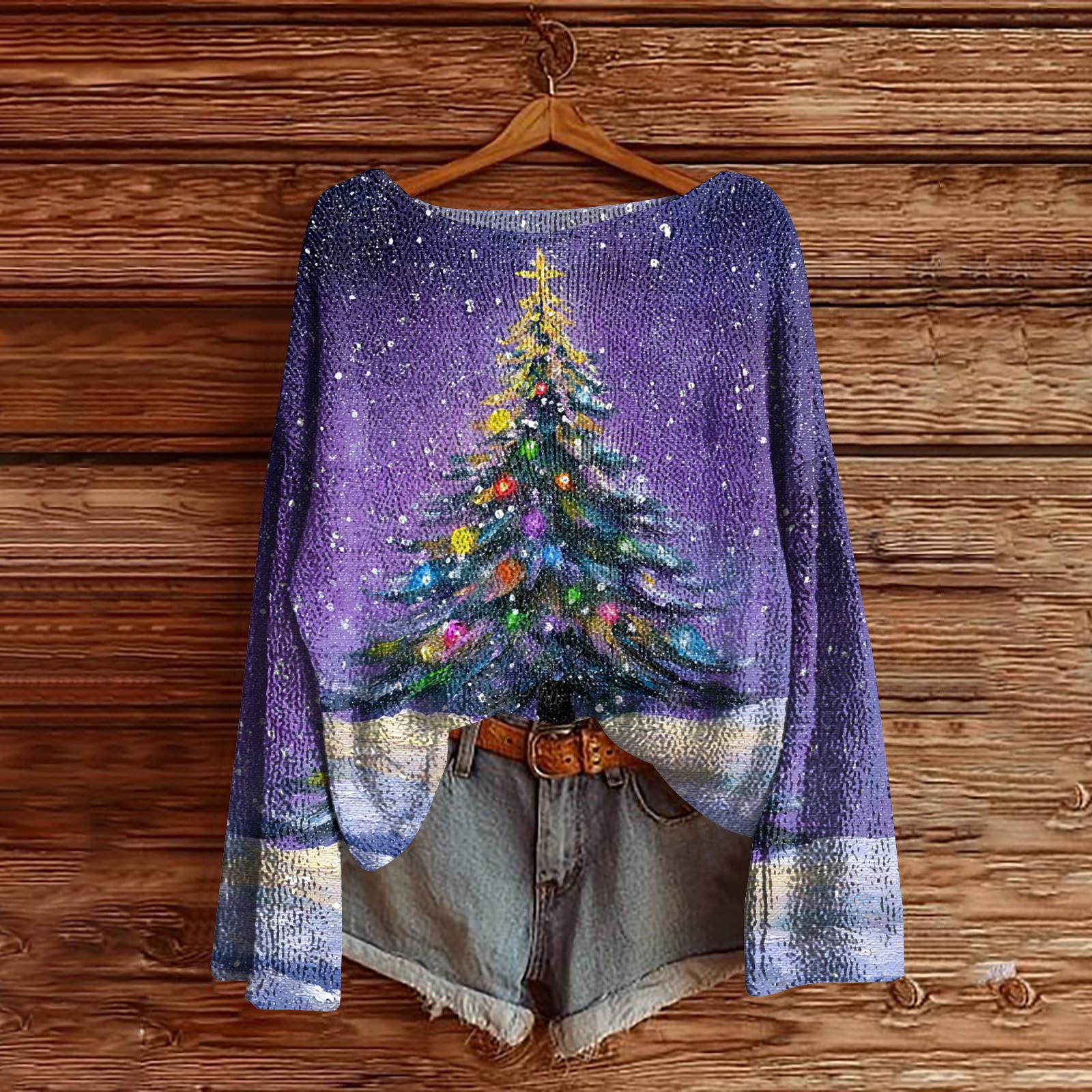 

Women s Christmas Print Lightweight Sweater Casual Long Sleeve Knitted Pullover L