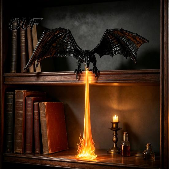 Durable PLA Dragon Model 3D Printed Fire-Breathing Bookshelf Decor, Fantasy Nook Light, Flying Figurine Theme Display with Flame, Halloween Shelf for