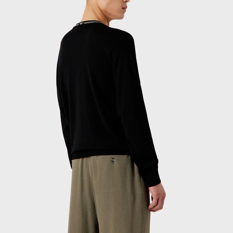 Emporio Armani FW23 Striped Trim Round Neck Long Sleeve Knit Sweater Men Sweater Black 6R1MXG-1MNGZ-0999